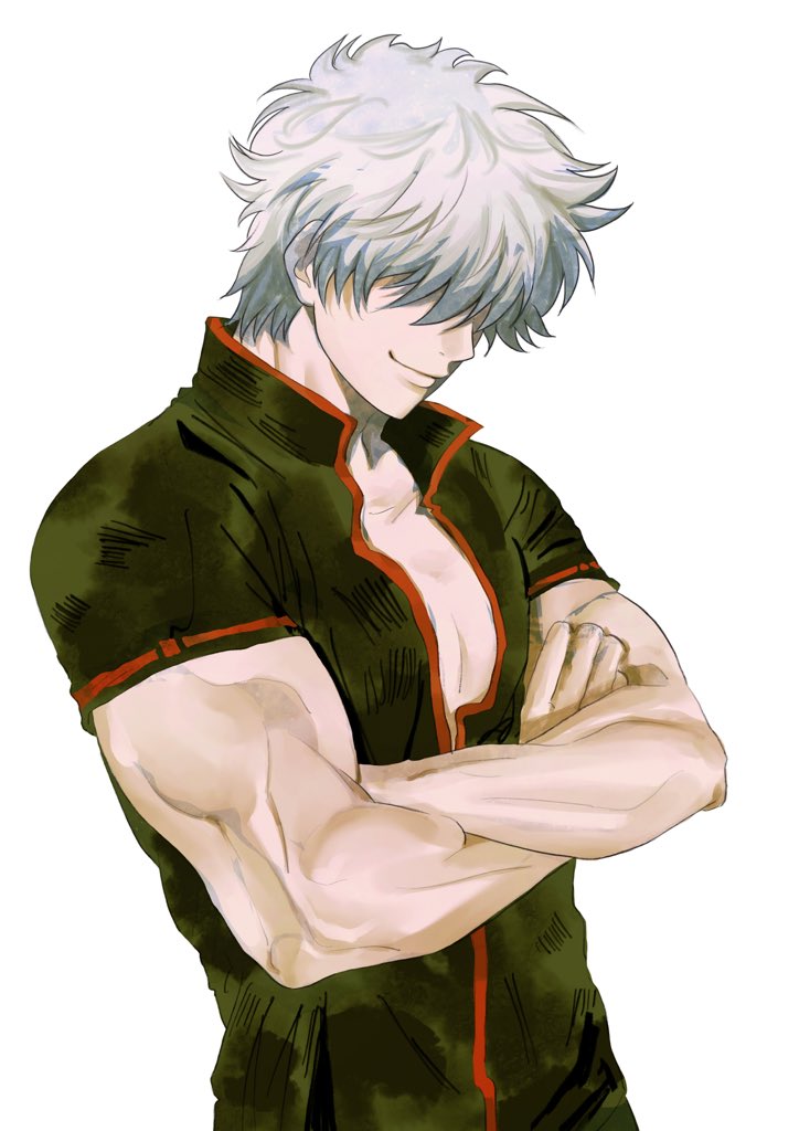 sakata gintoki, gintama, commentary, hashtag-only commentary, 1boy, black shirt, closed mouth, collarbone, covered eyes, cowboy shot, crossed arms, hair over eyes, kiararo67935124, male focus, muscular, muscular male, partially open shirt, popped collar, red trim, shirt, short sleeves, simple background, smile, solo, white background