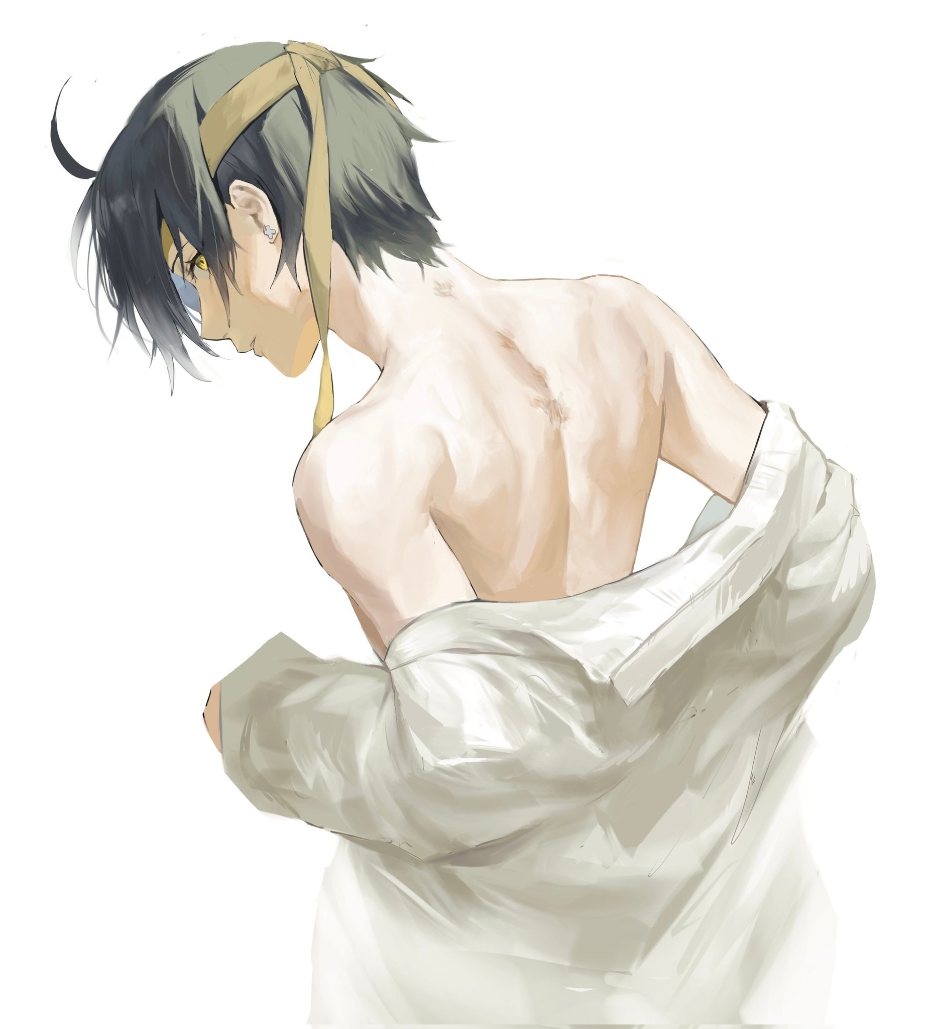 hhhye tw, asaba harumasa, zenless zone zero, commentary, english commentary, highres, 1boy, back, bare shoulders, black hair, earrings, headband, jewelry, looking at viewer, male focus, open mouth, shirt, short hair, shoulder blades, simple background, solo, standing, undressing, white background, white shirt, yellow eyes, yellow headband