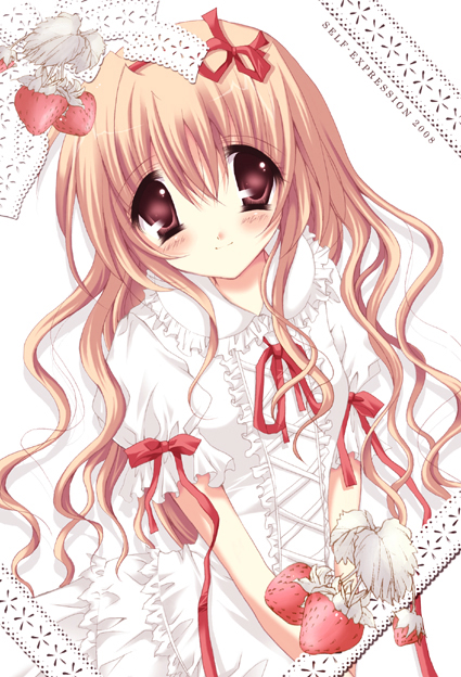shanae, original, brown eyes, brown hair, dress, food, frills, fruit, long hair, ribbon, solo, strawberry