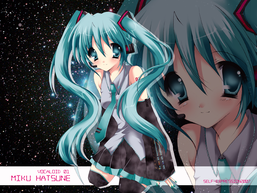 shanae, hatsune miku, vocaloid, aqua eyes, aqua hair, detached sleeves, headset, long hair, necktie, skirt, solo, star (symbol), thighhighs, twintails