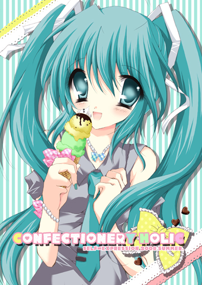 shanae, hatsune miku, vocaloid, aqua eyes, aqua hair, food, hair ribbon, ice cream, long hair, necktie, ribbon, twintails