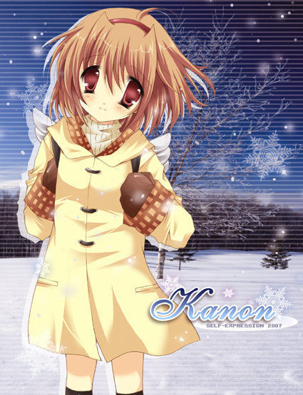 shanae, tsukimiya ayu, kanon, coat, hairband, mittens, orange hair, red eyes, snow, wings