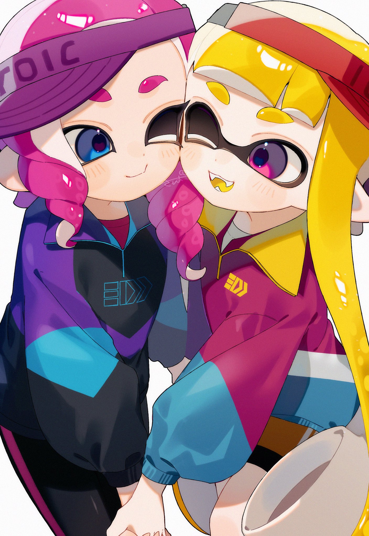 sabata saba, inkling girl, inkling player character, octoling girl, octoling player character, nintendo, splatoon (series), splatoon 3, commentary, highres, 2girls, blonde hair, blue eyes, closed mouth, face-to-face, hat, holding hands, inkling, jacket, long hair, multiple girls, octoling, one eye closed, open mouth, pink eyes, pink hair, pink hat, red hat, smile, tentacle hair, visor cap, yuri