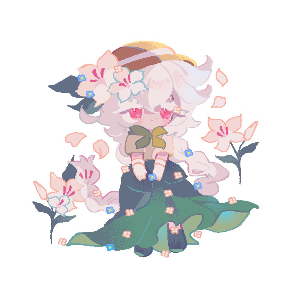 reed, white lily cookie, cookie run, cookie run: kingdom, white lily, commentary, symbol-only commentary, 1girl, absurdly long hair, black shoes, blush, braid, braided ponytail, brown hat, chibi, chibi only, closed mouth, colored eyelashes, double-parted bangs, film grain, flower, full body, green skirt, hair between eyes, hair flaps, hair flower, hair ornament, hat, humanization, leaf, long hair, long skirt, looking ahead, red eyes, shirt, shoes, short sleeves, simple background, single braid, skirt, smile, solo, standing, very long hair, white background, white eyelashes, white flower, white hair, white petals, yellow shirt