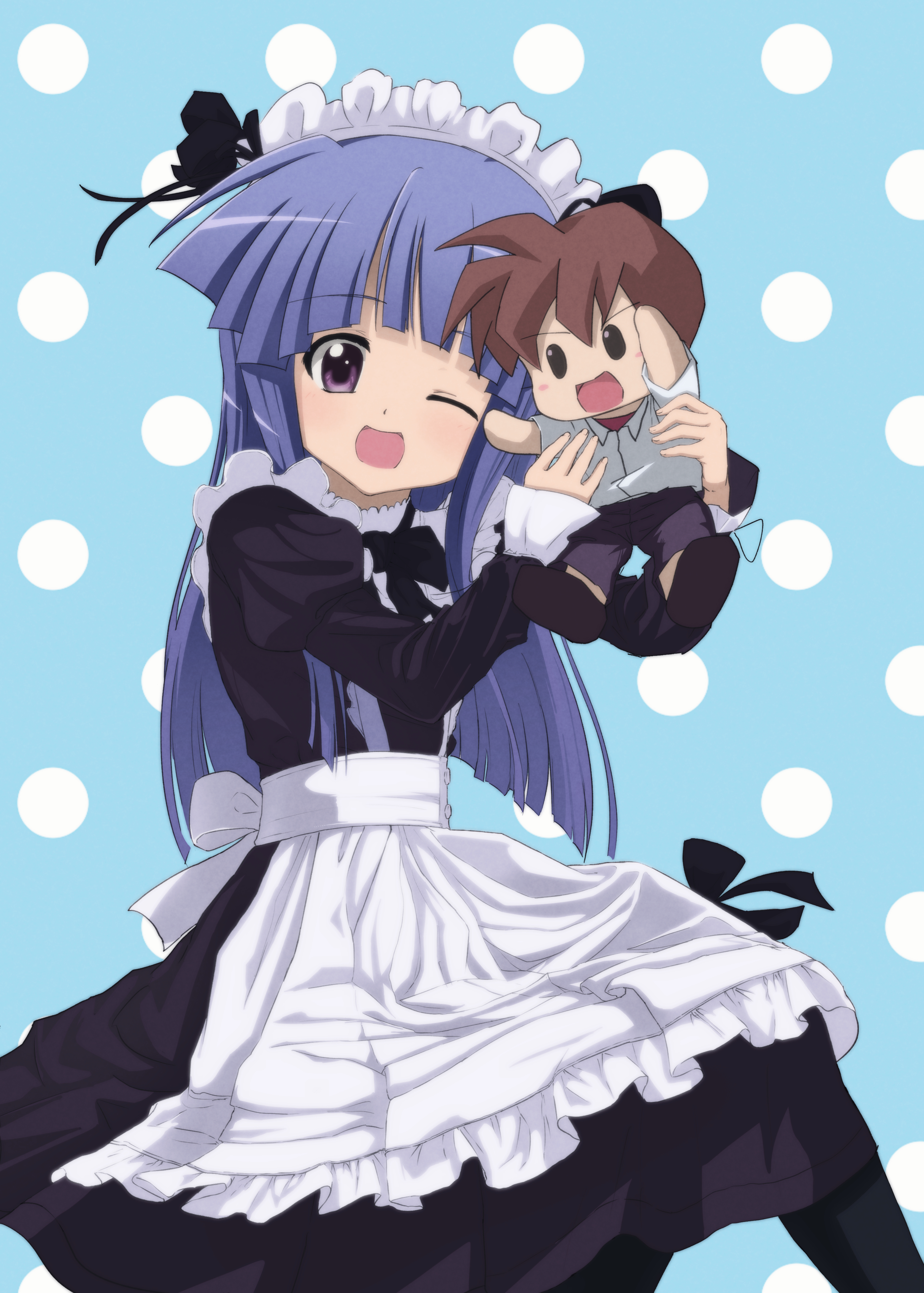 furude rika, maebara keiichi, higurashi no naku koro ni, absurdres, highres, 1girl, ;d, alternate costume, apron, blue hair, bow, character doll, doll, dress, enmaided, long hair, maid, maid headdress, one eye closed, open mouth, pantyhose, polka dot, polka dot background, purple eyes, sazae sanze, smile, solo