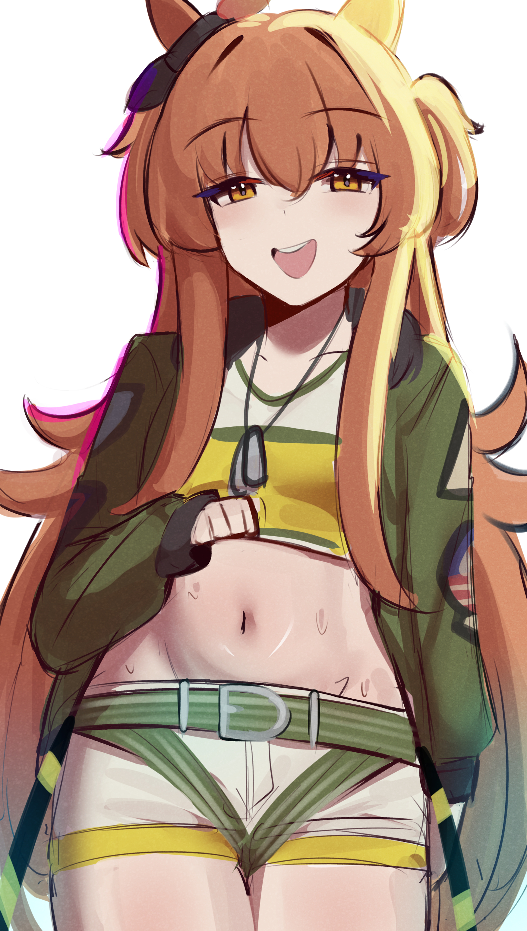 iog626, mayano top gun (scramble zone) (umamusume), mayano top gun (umamusume), umamusume, absurdres, highres, 1girl, animal ears, belt, blush, bomber jacket, bow, breasts, collarbone, cowboy shot, crop top, dog tags, ear bow, ear ribbon, green belt, green jacket, grin, hair between eyes, horse ears, horse girl, horse tail, jacket, long hair, long sleeves, looking at viewer, midriff, navel, open clothes, open jacket, open mouth, orange eyes, orange hair, orange tail, shirt, shorts, simple background, small breasts, smile, solo, stomach, sweat, tail, teeth, two side up, upper teeth only, white background, white shorts, yellow shirt