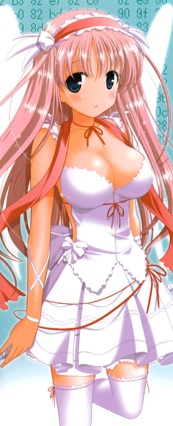 haramura nodoka, nodocchi, saki (manga), highres, 00s, blue eyes, blush, breasts, cleavage, dress, hairband, large breasts, long hair, neck ribbon, pink hair, ribbon, scarf, solo, standing, standing on one leg, thighhighs, white dress, white thighhighs, zettai ryouiki