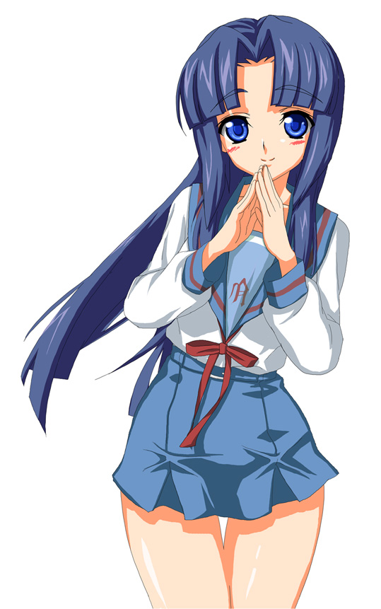 kimitoshiin, asakura ryoko, suzumiya haruhi no yuuutsu, bad id, bad pixiv id, 00s, 1girl, blue eyes, blue hair, blush, female focus, long hair, matching hair/eyes, school uniform, serafuku, simple background, smile, solo, steepled fingers, thigh gap