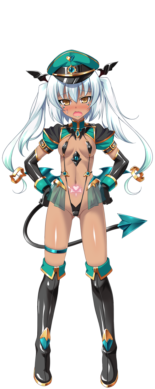 aoi masami, nina wang rockford, slave lapis, ts magical girl nao, game cg, highres, large variant set, non-web source, official art, variant set, 1girl, black gloves, blush, boots, breasts, dark-skinned female, dark skin, demon tail, elbow gloves, fang, full body, gloves, hands on own hips, hat, long hair, looking at viewer, military hat, navel, open mouth, peaked cap, pubic tattoo, revealing clothes, see-through clothes, slave gear, slingshot swimsuit, small breasts, solo, standing, swimsuit, tachi-e, tail, tan, tattoo, thigh boots, thigh strap, thighhighs, transparent background, twintails, white hair, wings, yellow eyes