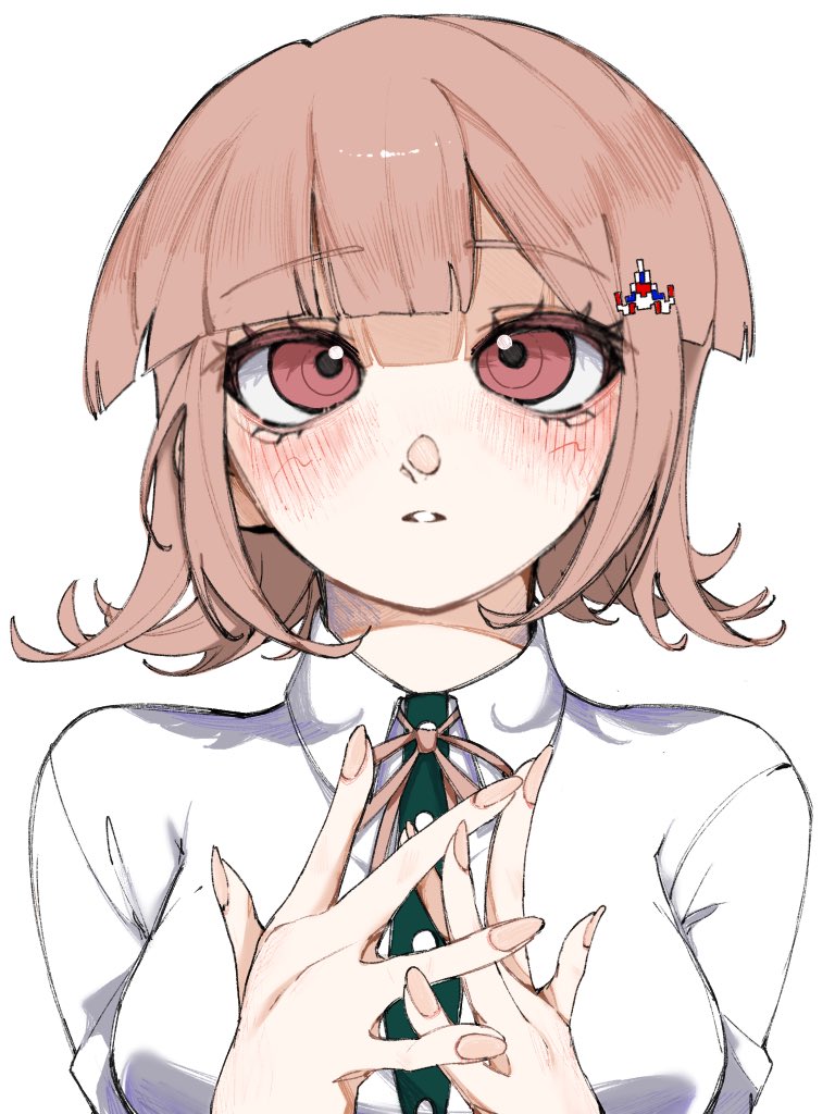 nanami chiaki, danganronpa (series), danganronpa 2: goodbye despair, 1girl, black shirt, blush, breasts, brown hair, collared shirt, dress shirt, flipped hair, hair ornament, hands up, long sleeves, looking at viewer, medium hair, nanase 1005, neck ribbon, no jacket, pink eyes, pink ribbon, ribbon, shirt, simple background, smile, solo, teeth, two-tone shirt, upper body, white background, white shirt