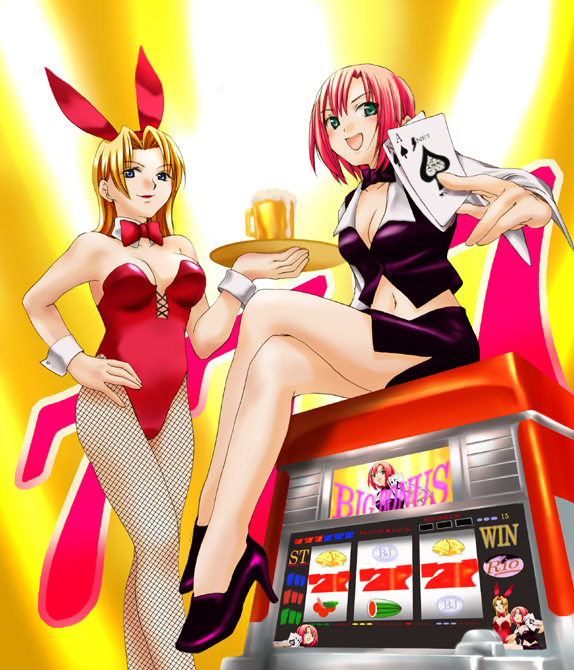 rio rollins, tiffany abbott, super blackjack, 2girls, alcohol, animal ears, beer, blonde hair, blue eyes, bow, bowtie, breasts, card, cleavage, crossed legs, croupier, fake animal ears, fishnet pantyhose, fishnets, hand on own hip, high heels, hip focus, holding, holding card, large breasts, legs, multiple girls, navel, pantyhose, playboy bunny, rabbit ears, red hair, shoes, sitting, slot machine, tray