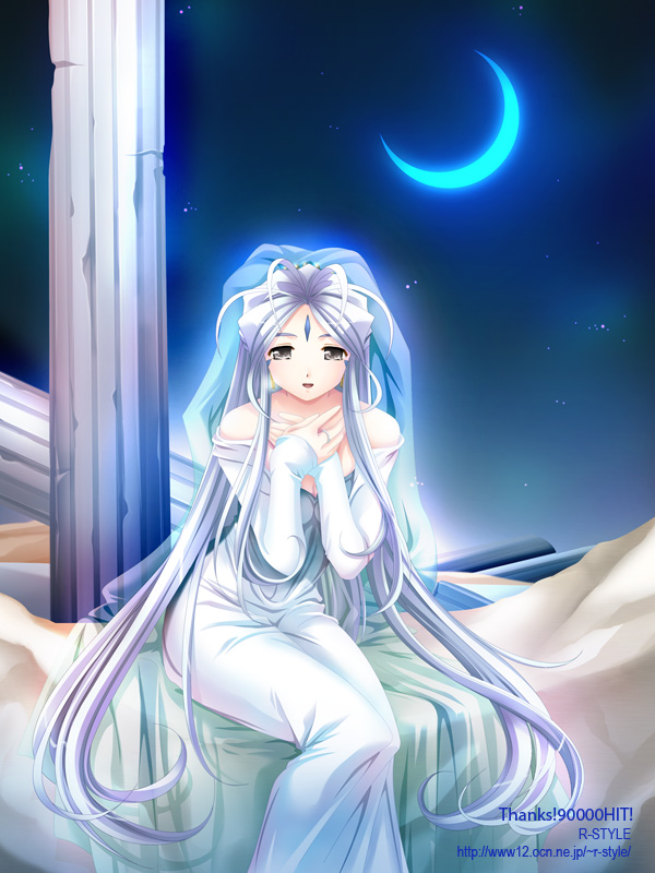 belldandy, aa megami-sama, tagme, column, dress, facial mark, forehead mark, moon, night, night sky, pillar, purple hair, sky, veil