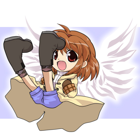 kannazuki yukito, tsukimiya ayu, kanon, boots, chibi, coat, mittens, orange hair, red eyes, shorts, solo, wings