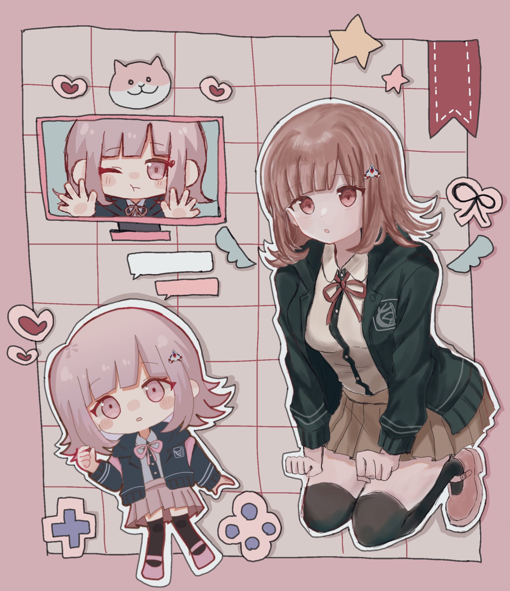 chayucha o0, nanami chiaki, danganronpa (series), danganronpa 2: goodbye despair, highres, 1girl, :o, animal, black jacket, black thighhighs, blush, brown hair, brown skirt, cat, flipped hair, full body, hair ornament, heart, jacket, long sleeves, medium hair, miniskirt, open clothes, open jacket, pink eyes, pleated skirt, ribbon, shirt, shoes, skirt, thighhighs