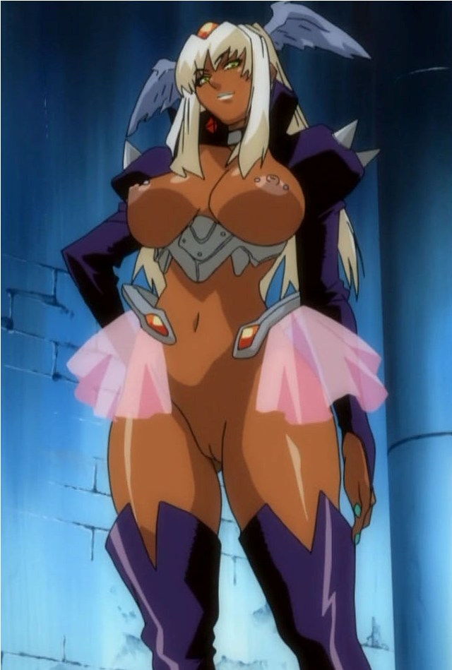 oobari masami, nailkaiser, angel blade, screencap, 00s, 1girl, areola piercing, armor, breasts, curvy, dark-skinned female, dark skin, female focus, head wings, hip focus, large breasts, light areolae, navel, nipple piercing, nipple rings, nipples, piercing, plump, pussy, showgirl skirt, solo, standing, thick thighs, thighs, uncensored, wide hips, wings