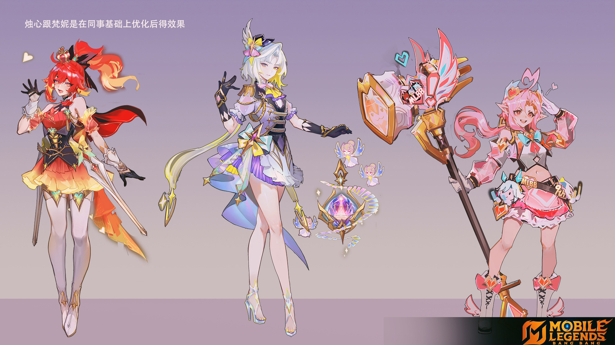 smjim1986, mobile legends: bang bang, commentary, english commentary, highres, translation request, 3girls, aiguillette, black bustier, black hat, boots, breasts, bustier, copyright name, detached sleeves, dress, epaulettes, floating, frills, full body, hammer, hat, high heels, high ponytail, holding, holding hammer, huge weapon, long hair, long sleeves, looking at viewer, magic, medium breasts, multiple girls, multiple swords, orange dress, orange eyes, orange hair, pink eyes, pink hair, pink skirt, ponytail, puffy long sleeves, puffy sleeves, short dress, skirt, small breasts, thighhighs, weapon, white boots, white thighhighs