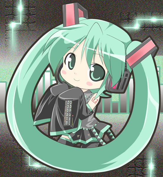 kannazuki yukito, hatsune miku, vocaloid, chibi, detached sleeves, green eyes, green hair, hair rings, headset, long hair, skirt, solo, thighhighs, twintails
