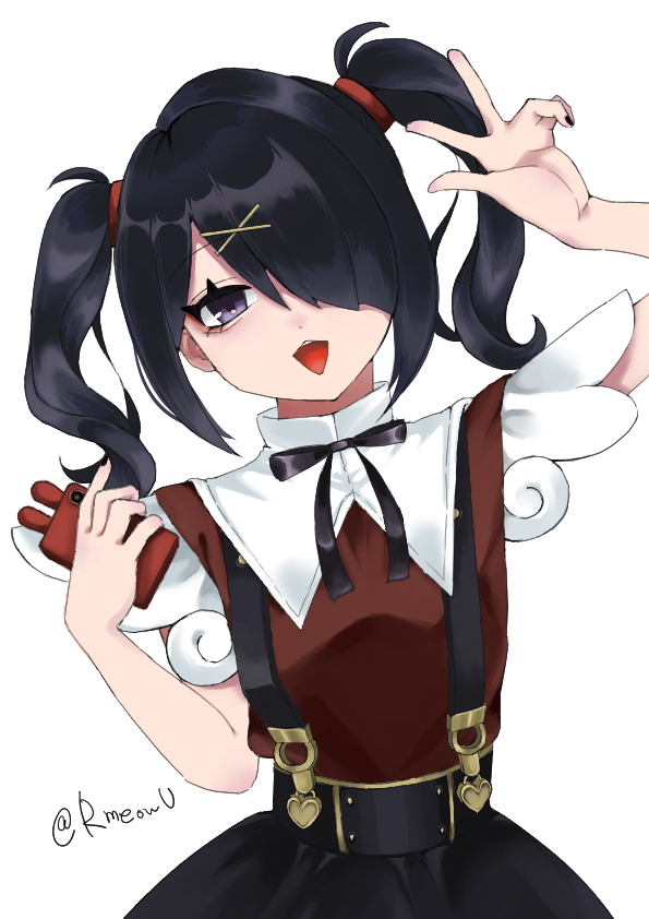 ame-chan (needy girl overdose), needy girl overdose, 1girl, :d, cowboy shot, diagonal bangs, grin, hair over one eye, hand up, head tilt, holding, holding phone, looking at viewer, neck ribbon, open mouth, phone, purple eyes, red shirt, ribbon, rmeowu, shirt, short twintails, sidelocks, skirt, smile, solo, suspender skirt, suspenders, twintails, v, winged sleeves