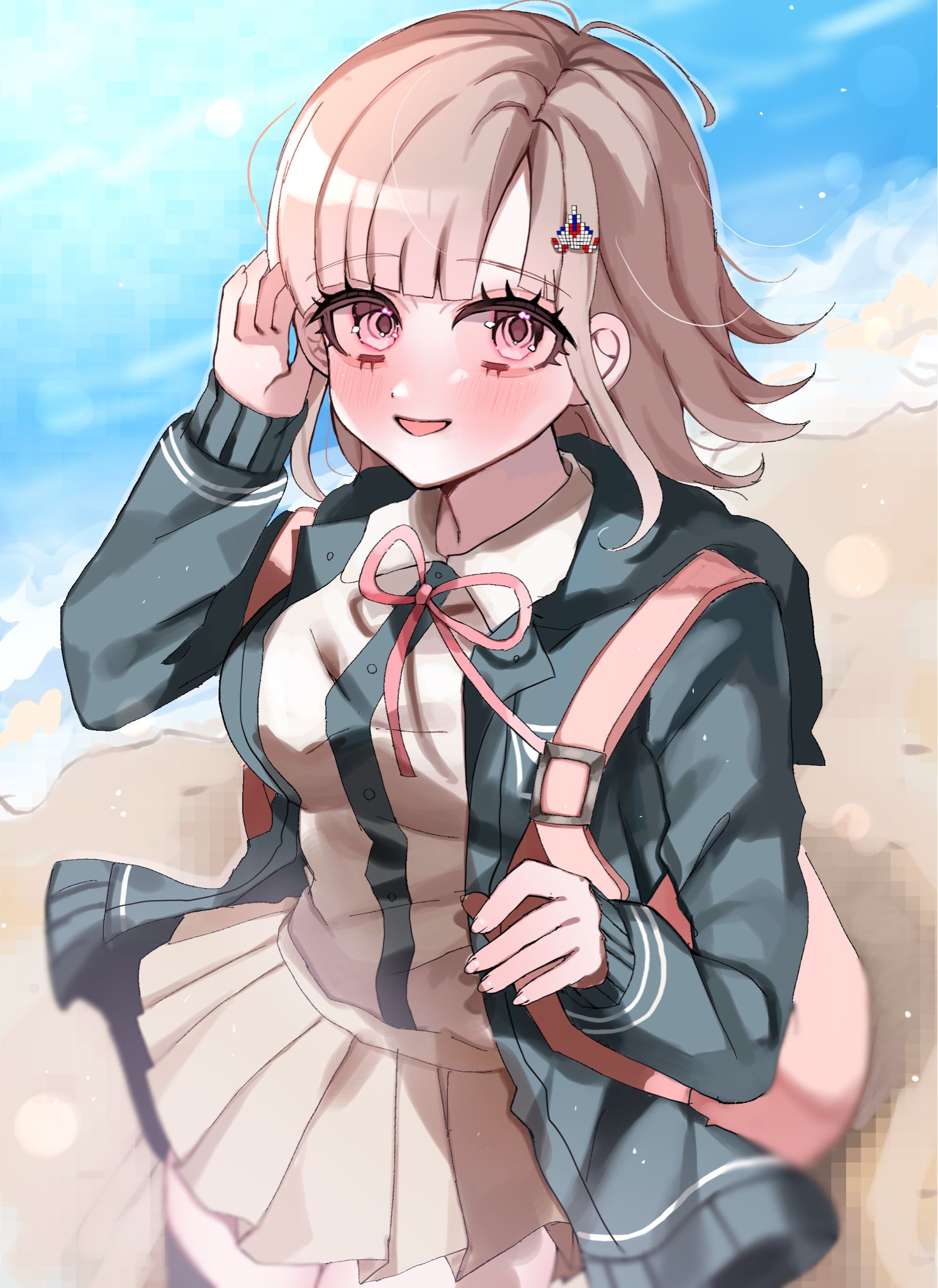 sobacha, nanami chiaki, danganronpa (series), danganronpa 2: goodbye despair, highres, 1girl, beach, blush, breasts, brown hair, collared shirt, day, flipped hair, hair ornament, hood, jacket, long sleeves, looking at viewer, medium hair, neck ribbon, open clothes, open jacket, outdoors, pink eyes, pink ribbon, pleated skirt, ribbon, shirt, skirt, smile, solo, thighhighs, white shirt