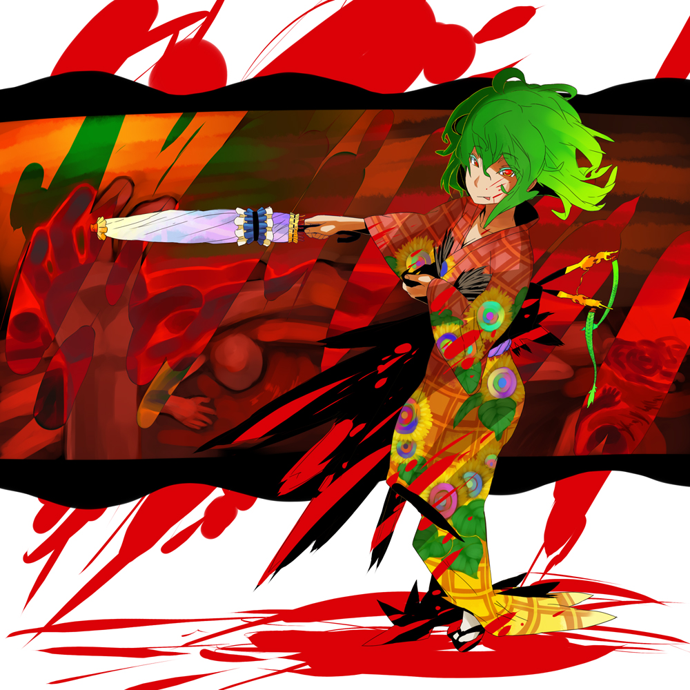 lieutenant dan, kazami yuuka, touhou, plaid, 1girl, :p, blood, closed umbrella, corpse, female focus, flower, green hair, japanese clothes, kimono, licking lips, red eyes, shaded face, solo, sunflower, tongue, tongue out, umbrella