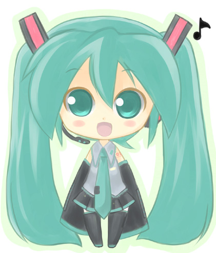 kannazuki yukito, hatsune miku, vocaloid, lowres, aqua eyes, aqua hair, chibi, detached sleeves, long hair, musical note, necktie, skirt, thighhighs, twintails