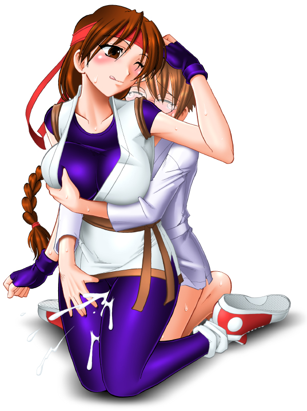 mokkouyou bond, yuri sakazaki, snk, the king of fighters, 1boy, 1girl, breasts, breasts squeezed together, brown eyes, brown hair, cum, cum on clothes, curvy, fingerless gloves, gloves, grabbing another's breast, groping, headband, hetero, large breasts, long hair, sex, shoes, shota, skin tight, sneakers, spandex, thigh sex, very long hair
