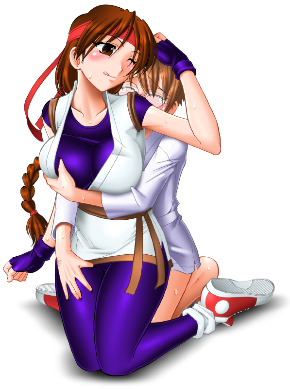 mokkouyou bond, yuri sakazaki, snk, the king of fighters, alternate breast size, 1boy, 1girl, braid, breasts, brown eyes, brown hair, closed eyes, curvy, fingerless gloves, gloves, grabbing another's breast, groping, hand on another's head, headband, hetero, large breasts, long hair, no pants, one eye closed, shoes, shota, skin tight, sneakers, spandex, very long hair