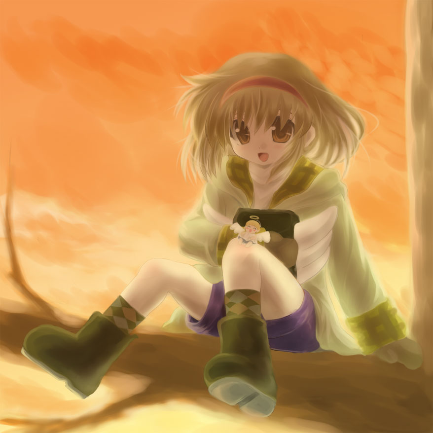 kannazuki yukito, tsukimiya ayu, kanon, backpack, bag, boots, brown eyes, brown hair, coat, doll, hairband, mittens, randoseru, solo, winged bag, wings