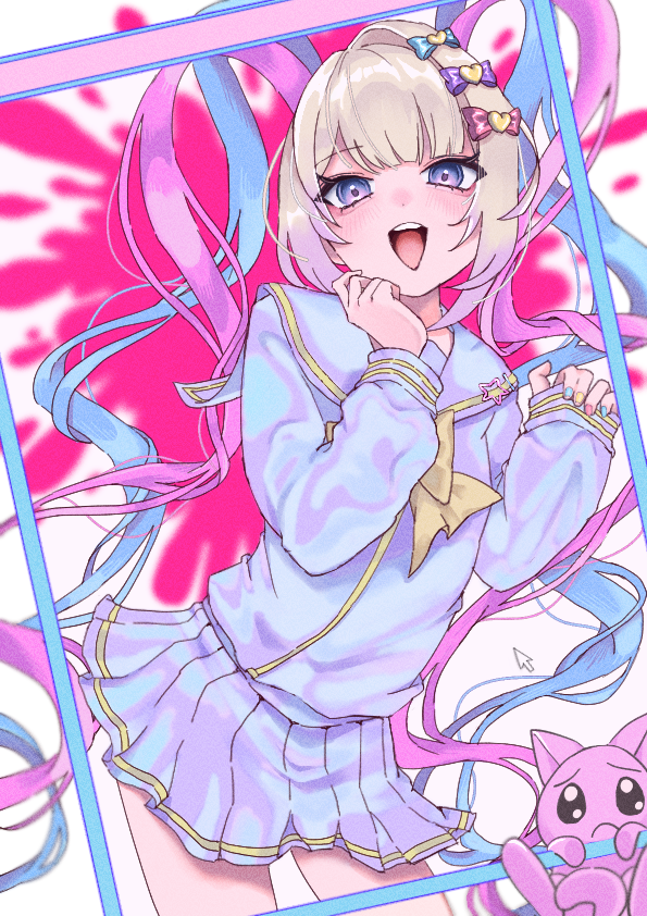 chouzetsusaikawa tenshi-chan, pien cat (needy girl overdose), needy girl overdose, 1girl, :d, ass shake, blonde hair, blood, blood splatter, blue eyes, blue hair, blue serafuku, blunt bangs, bow, chest bow, cowboy shot, fourth wall, gradient eyes, hair bow, hand on own chest, hand up, leaning forward, looking at viewer, multicolored eyes, multiple hair bows, open mouth, outside border, pink blood, pink eyes, pink hair, quad tails, rmeowu, school uniform, serafuku, sidelocks, smile, solo, window (computing)