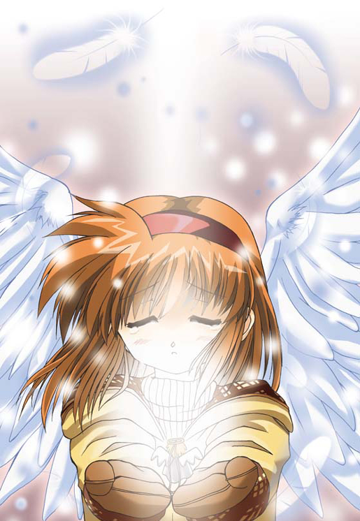 kannazuki yukito, tsukimiya ayu, kanon, closed eyes, coat, doll, feathers, hairband, mittens, orange hair, solo, tears, wings