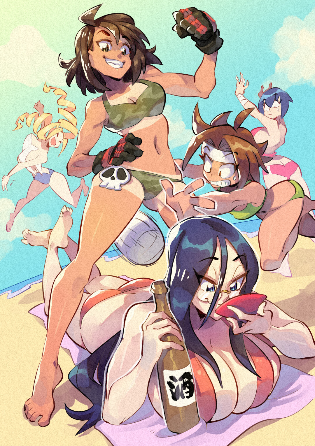 rafchu, street fighter, character request, commentary, english commentary, highres, 5girls, ahoge, bandaged fingers, bandaged wrist, bandages, barefoot, beach, beach towel, bikini, blonde hair, blue eyes, blue hair, blue sky, bottle, breasts, brown eyes, brown hair, camouflage, camouflage bikini, camouflage gloves, clenched hand, closed eyes, closed mouth, cloud, day, drill hair, eyelashes, glasses, gloves, green bikini, green eyes, green gloves, hand on own hip, headband, holding, holding bottle, large breasts, long hair, lying, medium hair, multiple girls, navel, on stomach, open mouth, outdoors, outline, pink bikini, reaching, red bikini, shiny skin, short hair, skull ornament, sky, smile, standing, stomach, sweatdrop, swimsuit, tan, tanline, teeth, towel, twin drills, volleyball, water, white headband, white outline