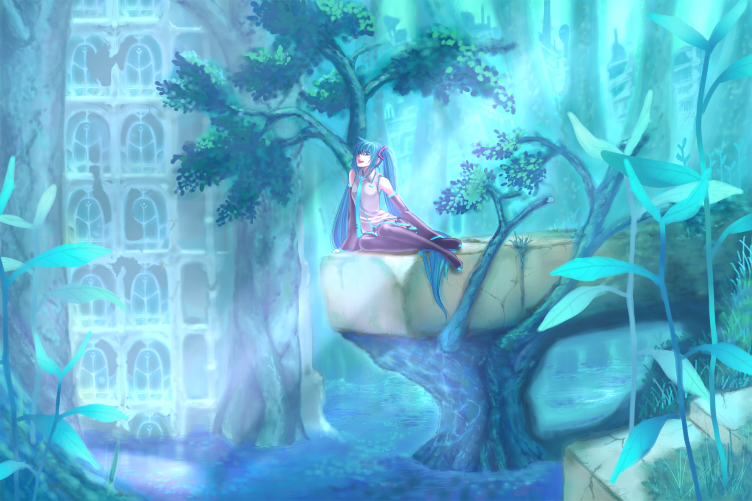 nayu, hatsune miku, vocaloid, bad id, bad pixiv id, blue eyes, blue hair, blue theme, detached sleeves, long hair, necktie, scenery, sitting, solo, thighhighs, twintails, water