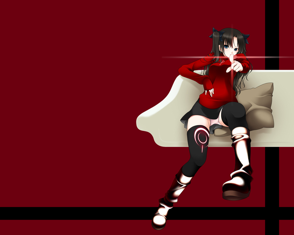 nimiya, tohsaka rin, fate/stay night, fate (series), 00s, 1girl, black hair, blue eyes, boots, female focus, hair ribbon, long hair, long sleeves, miniskirt, panties, pantyshot, pointing, pointing at viewer, ribbon, sitting, skirt, sleeves past wrists, solo, thighhighs, underwear, upskirt