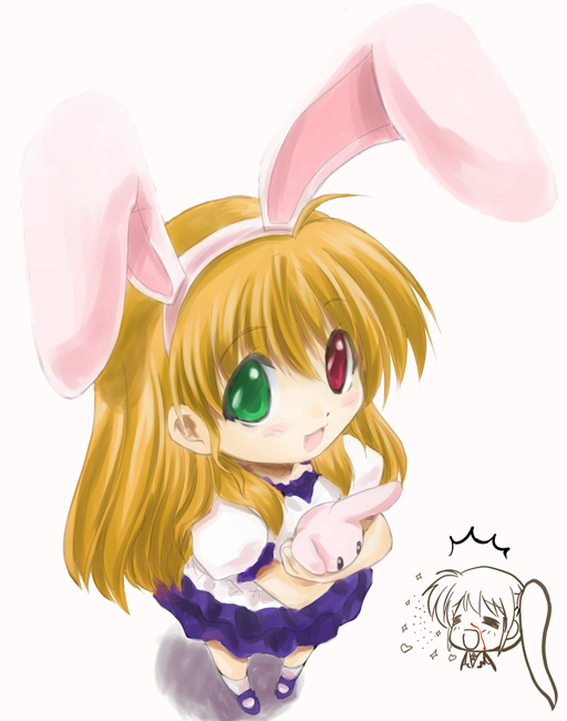 kannazuki yukito, takamachi nanoha, vivio, lyrical nanoha, mahou shoujo lyrical nanoha, mahou shoujo lyrical nanoha strikers, 00s, 1girl, animal ears, blonde hair, blood, chibi, chibi inset, female focus, from above, heterochromia, long hair, nosebleed, rabbit ears, solo, stuffed animal, stuffed rabbit, stuffed toy
