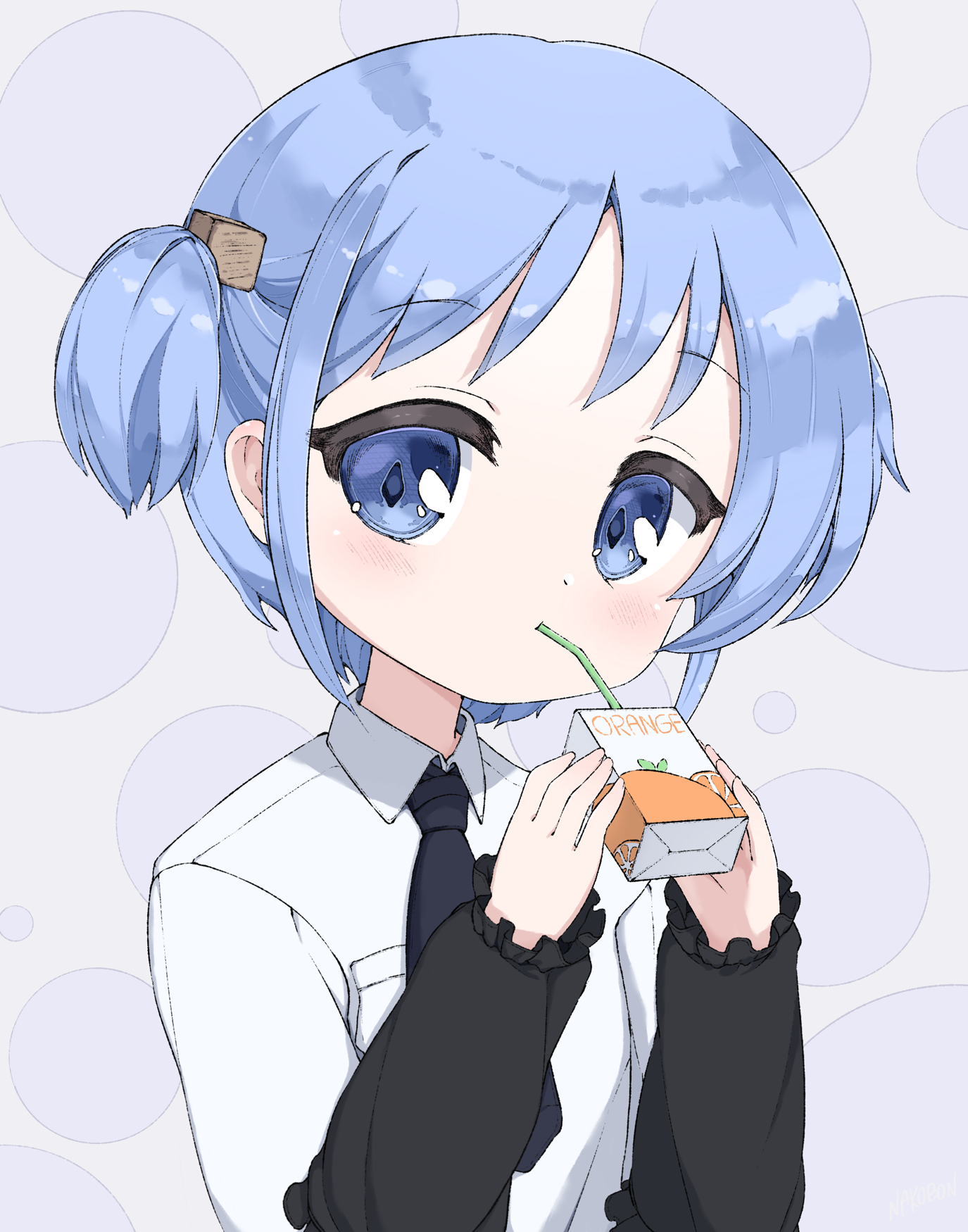 nakobon, naganohara mio, nichijou, highres, 1girl, black necktie, black sleeves, blue eyes, blue hair, bubble background, cube hair ornament, dress shirt, drinking, drinking straw, drinking straw in mouth, grey background, hair ornament, holding juice box, juice, juice box, necktie, orange juice, shirt, short hair, short twintails, twintails, white shirt