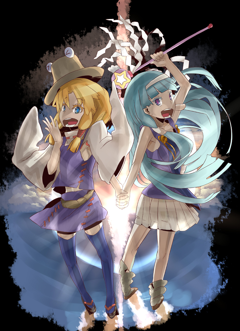 lieutenant dan, moriya suwako, nagi, kannagi, touhou, > <, 00s, blunt bangs, closed eyes, crossover, hat, holding hands, long sleeves, thighhighs, wand