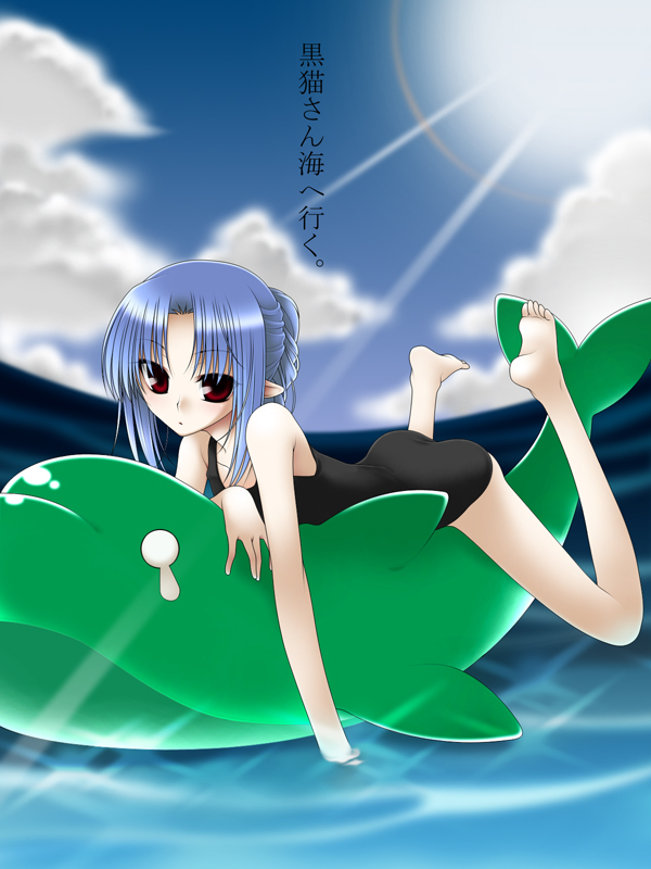 nimiya, len (tsukihime), tsukihime, 00s, 1girl, barefoot, blue hair, feet, female focus, hair up, inflatable dolphin, inflatable toy, light rays, ocean, one-piece swimsuit, pointy ears, red eyes, solo, sunbeam, sunlight, swimsuit, water