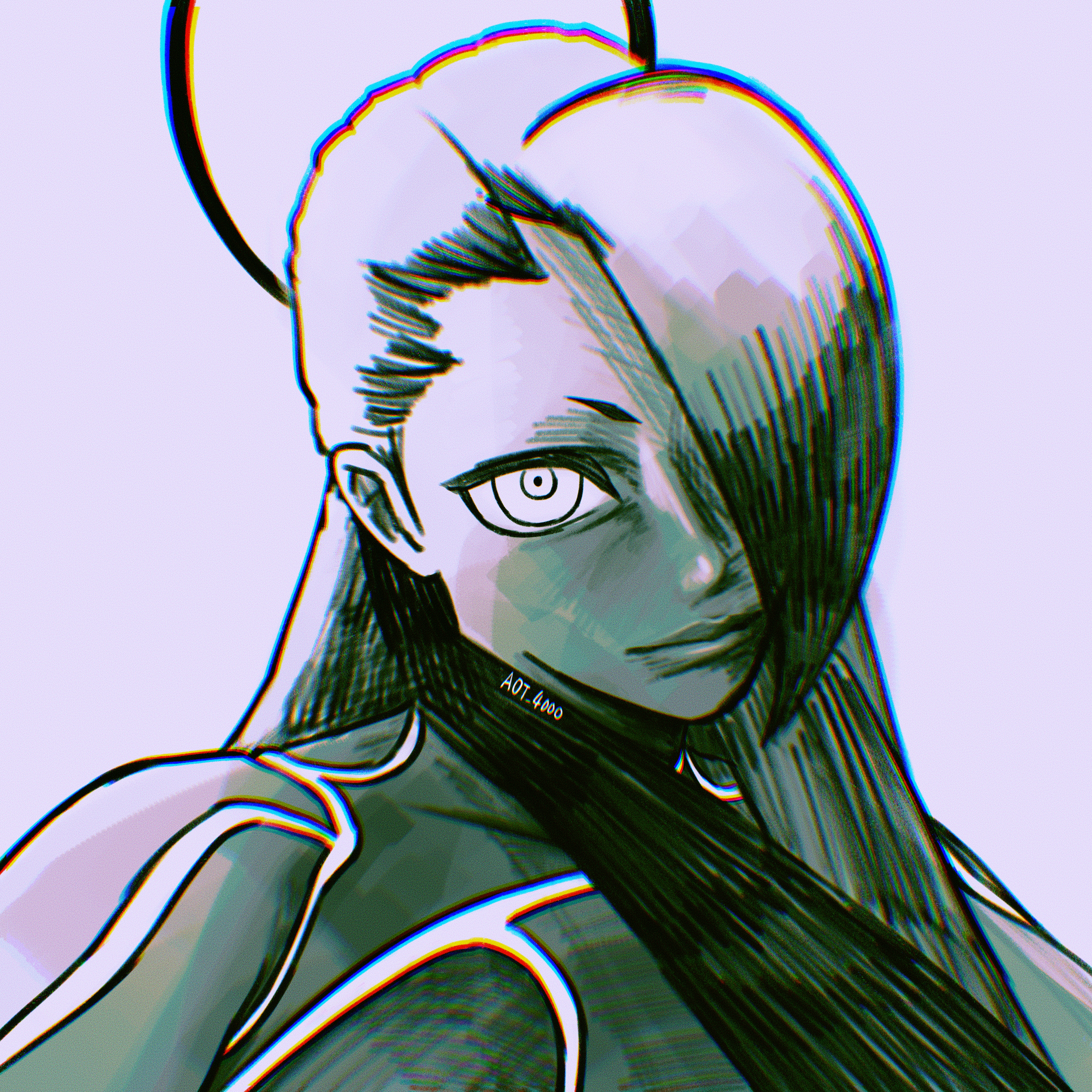 aot 4000, female seth (street fighter), street fighter, street fighter v, absurdres, commentary, highres, 1girl, artist name, black hair, chromatic aberration, colored skin, crosshatching, grey skin, hair over one eye, hair rings, hatching (texture), long hair, single hair ring, solo