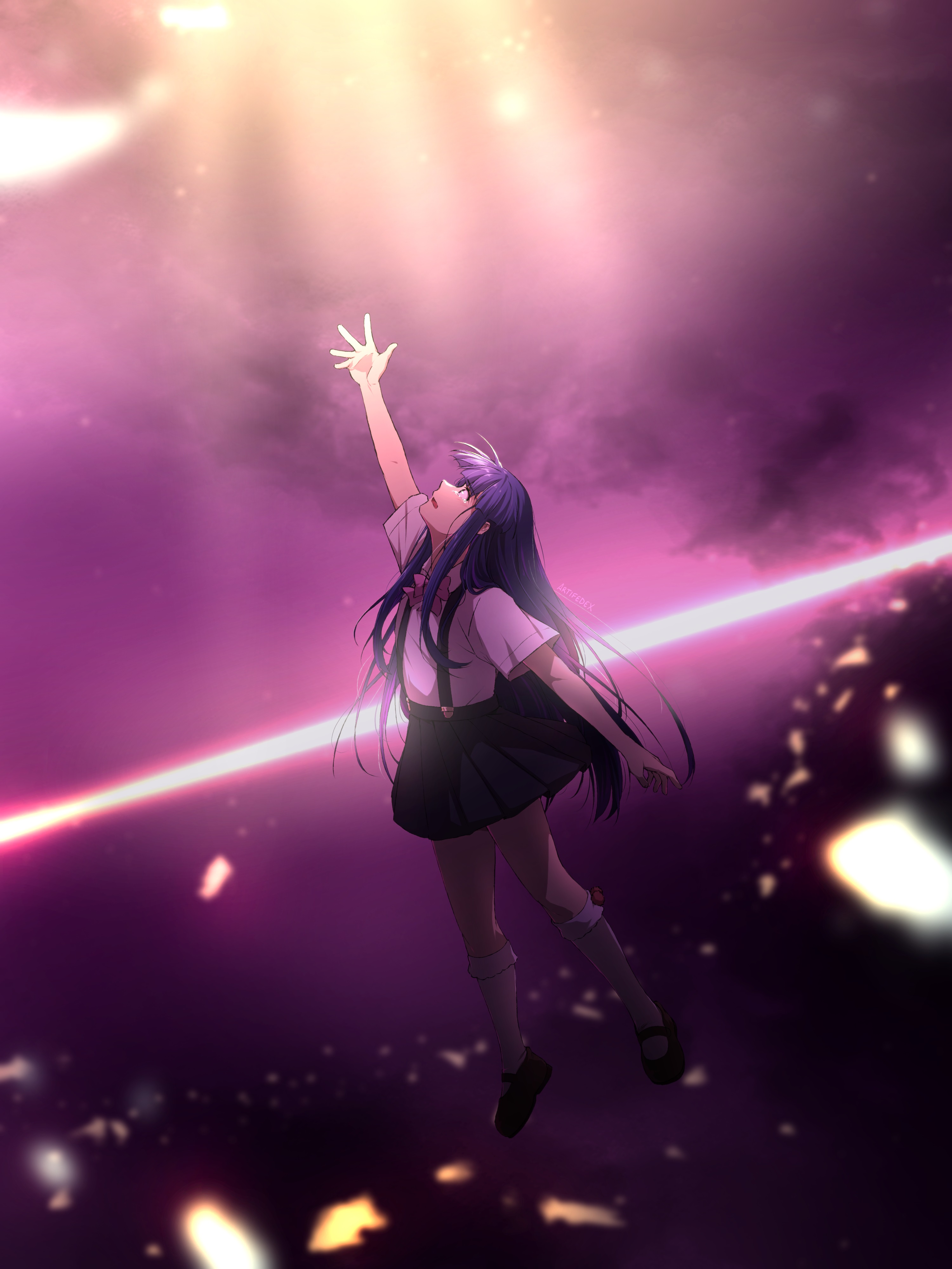 artifedex, furude rika, higurashi no naku koro ni, absurdres, commentary, highres, 1girl, arm up, black skirt, blue hair, blunt bangs, bow, floating, floating hair, full body, hime cut, kneehighs, long hair, looking up, mary janes, open mouth, outstretched arm, pink bow, pleated skirt, purple eyes, purple sky, reaching, ribbon, school uniform, shirt, shoes, short sleeves, skirt, sky, socks, solo, suspender skirt, suspenders, very long hair, white shirt, white socks