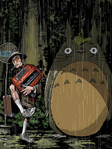 raoul duke, totoro, fear and loathing in las vegas, studio ghibli, tonari no totoro, lowres, bag, bucket hat, bus stop, cigarette, crossover, hat, parody, rain, smoking, sunglasses, tree, typewriter, what