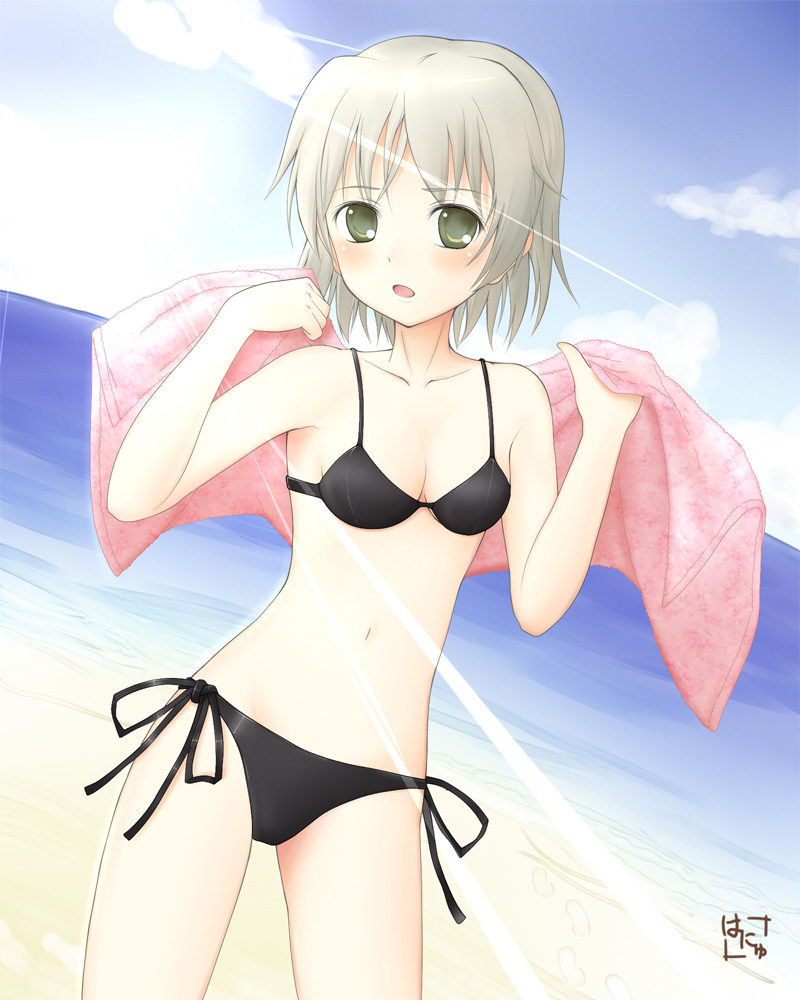 sanya v. litvyak, hanyu, strike witches, world witches series, silver hair, 00s, 1girl, beach, bikini, black bikini, blush, breasts, cleavage, cloud, day, dutch angle, female focus, green eyes, light rays, navel, ocean, open mouth, outdoors, short hair, side-tie bikini bottom, signature, sky, small breasts, solo, string bikini, sunbeam, sunlight, swimsuit, towel, water