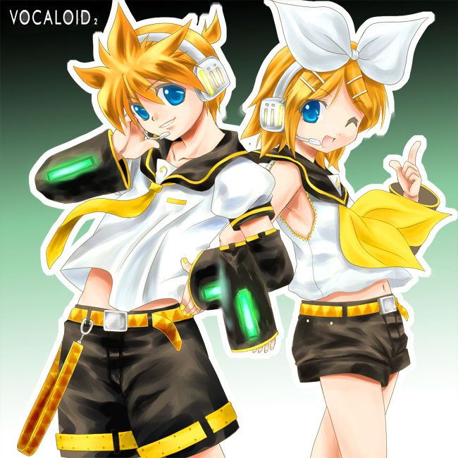kannazuki yukito, kagamine len, kagamine rin, vocaloid, 1boy, 1girl, blonde hair, blue eyes, bow, brother and sister, detached sleeves, headset, midriff, navel, one eye closed, short hair, shorts, siblings, twins, wink