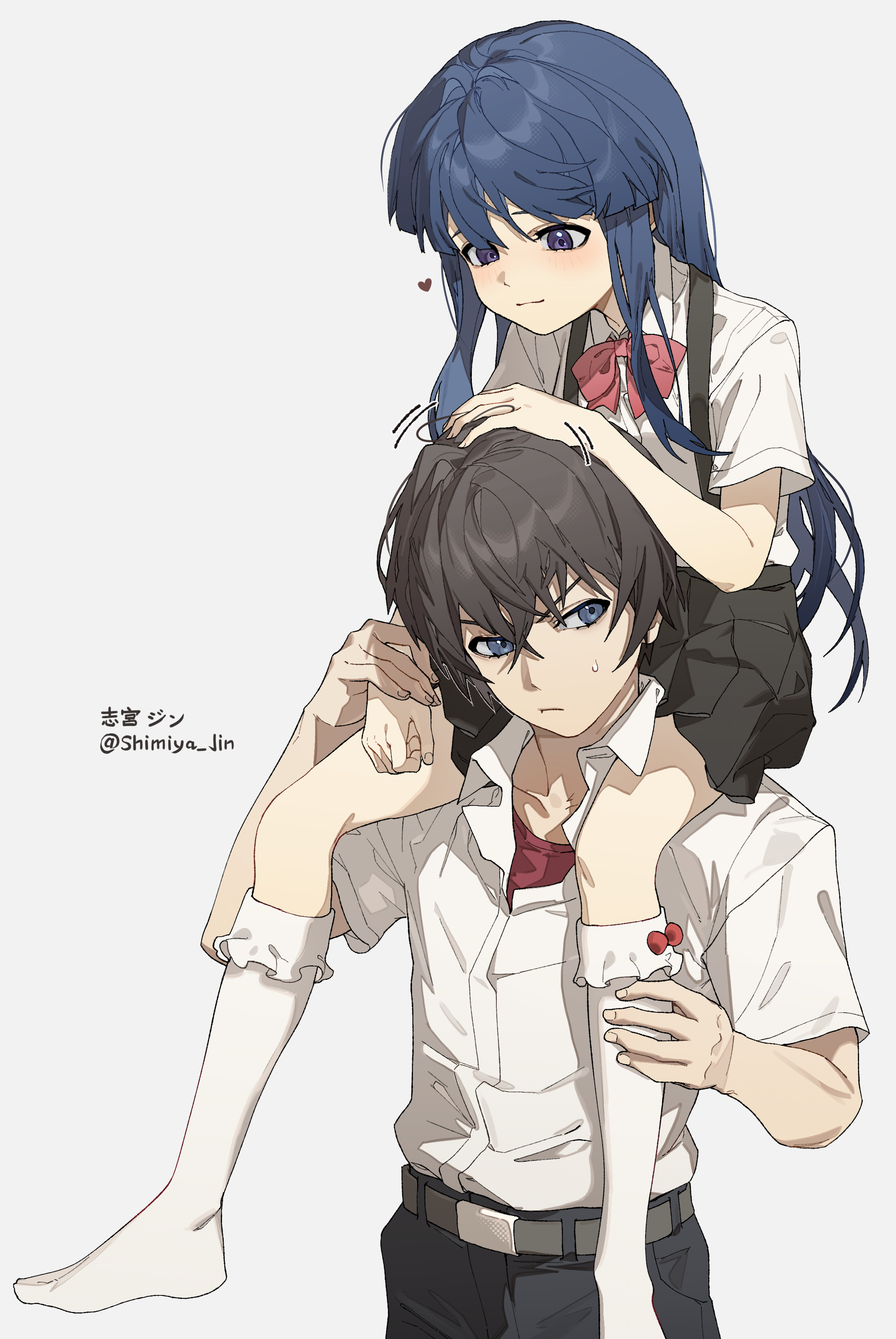 shimiya jin, furude rika, maebara keiichi, higurashi no naku koro ni, absurdres, highres, 1boy, 1girl, belt, black hair, black pants, black skirt, blue eyes, blue hair, blush, bobby socks, bow, bowtie, brown hair, carrying, closed mouth, collared shirt, dress shirt, frilled socks, frills, grey background, hair between eyes, hand on another's head, heart, holding hands, kneehighs, long hair, looking at another, no shoes, pants, pink bow, pleated skirt, purple eyes, red bow, red bowtie, red shirt, school uniform, shirt, shirt tucked in, short hair, short sleeves, shoulder carry, simple background, skirt, socks, suspender skirt, suspenders, sweatdrop, twitter username, white background, white shirt, white socks