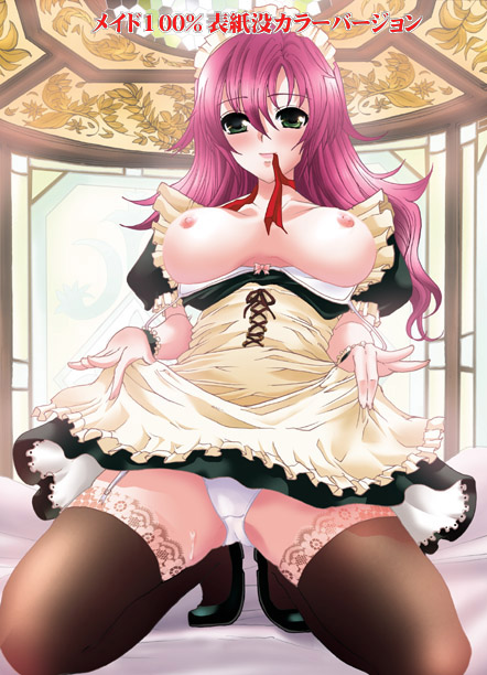 tagme, 1girl, apron, breasts, breasts out, female focus, maid, maid apron, maid headdress, nipples, solo