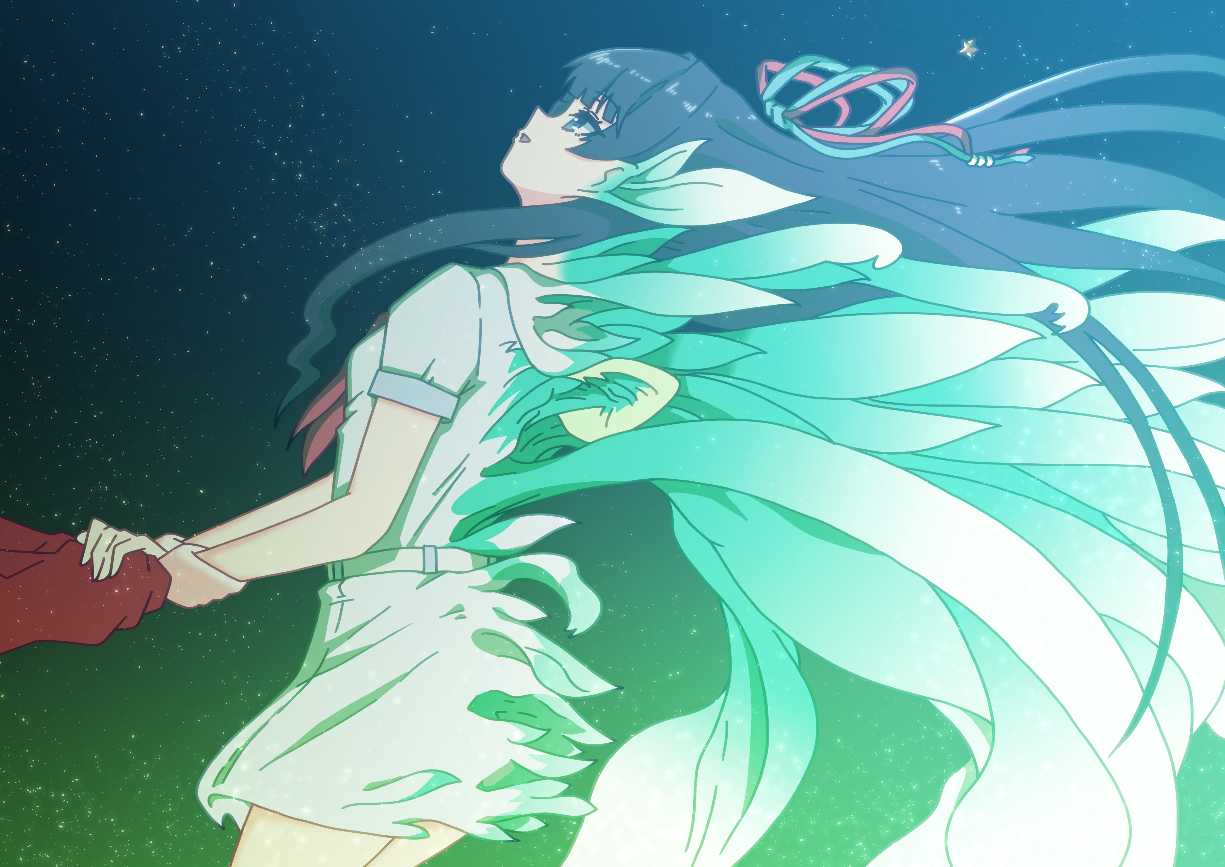 kamix2 odai, murano sayaka, link! like! love live!, love live!, saya no uta, absurdres, commentary request, highres, 1girl, 1other, blue dress, blue eyes, blue hair, dress, grabbing another's arm, gradient background, green background, hair ribbon, hasu no sora school uniform, light particles, long hair, long sleeves, multicolored ribbon, name connection, open mouth, parody, ribbon, school uniform, smile, summer uniform, wings
