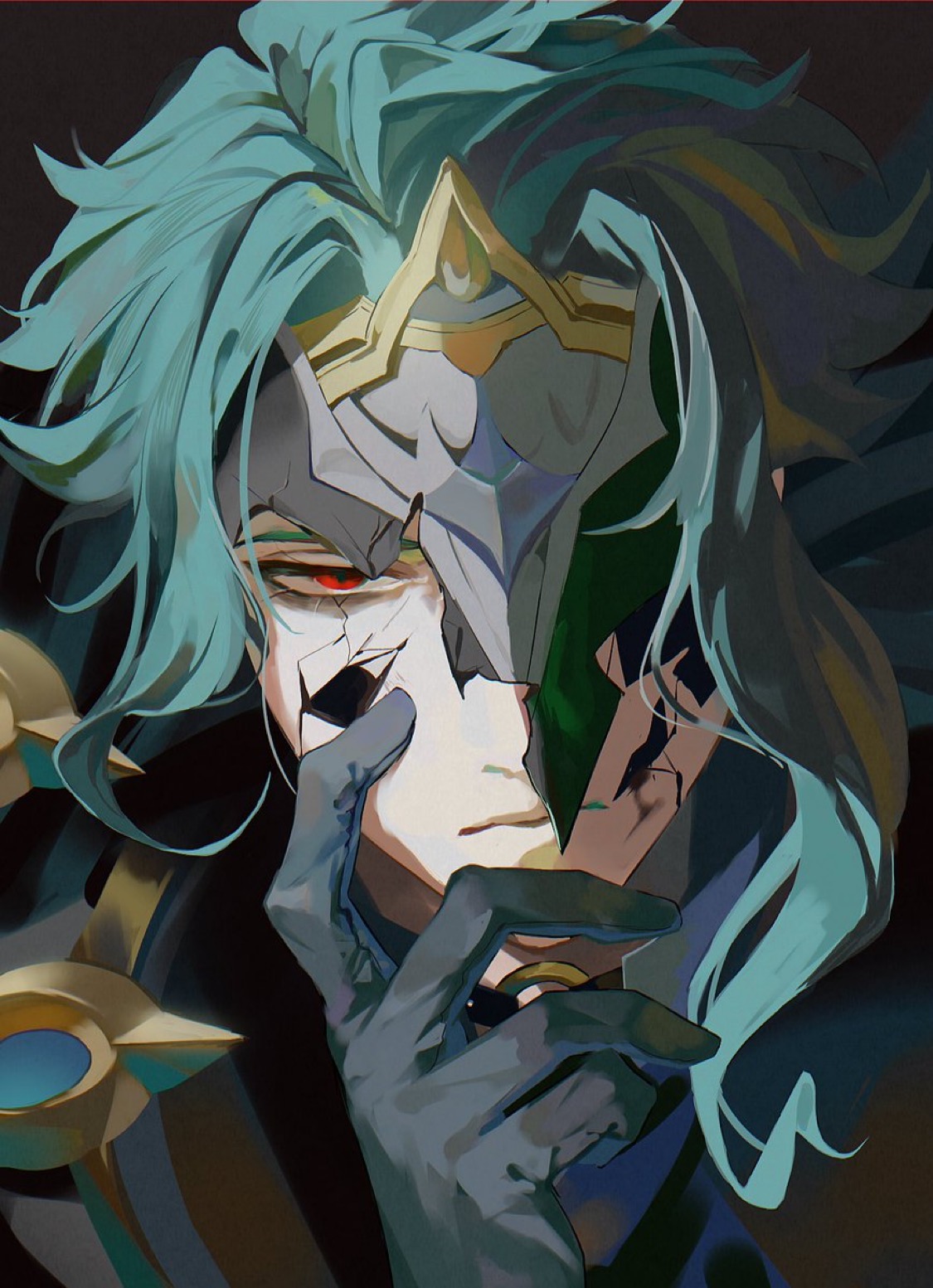 dottore (genshin impact), genshin impact, highres, 1boy, closed mouth, crack, cracked skin, expressionless, forehead protector, gloves, grey hair, hand on own chin, looking at viewer, male focus, mask, mask over one eye, one eye covered, osuzu susu, red eyes