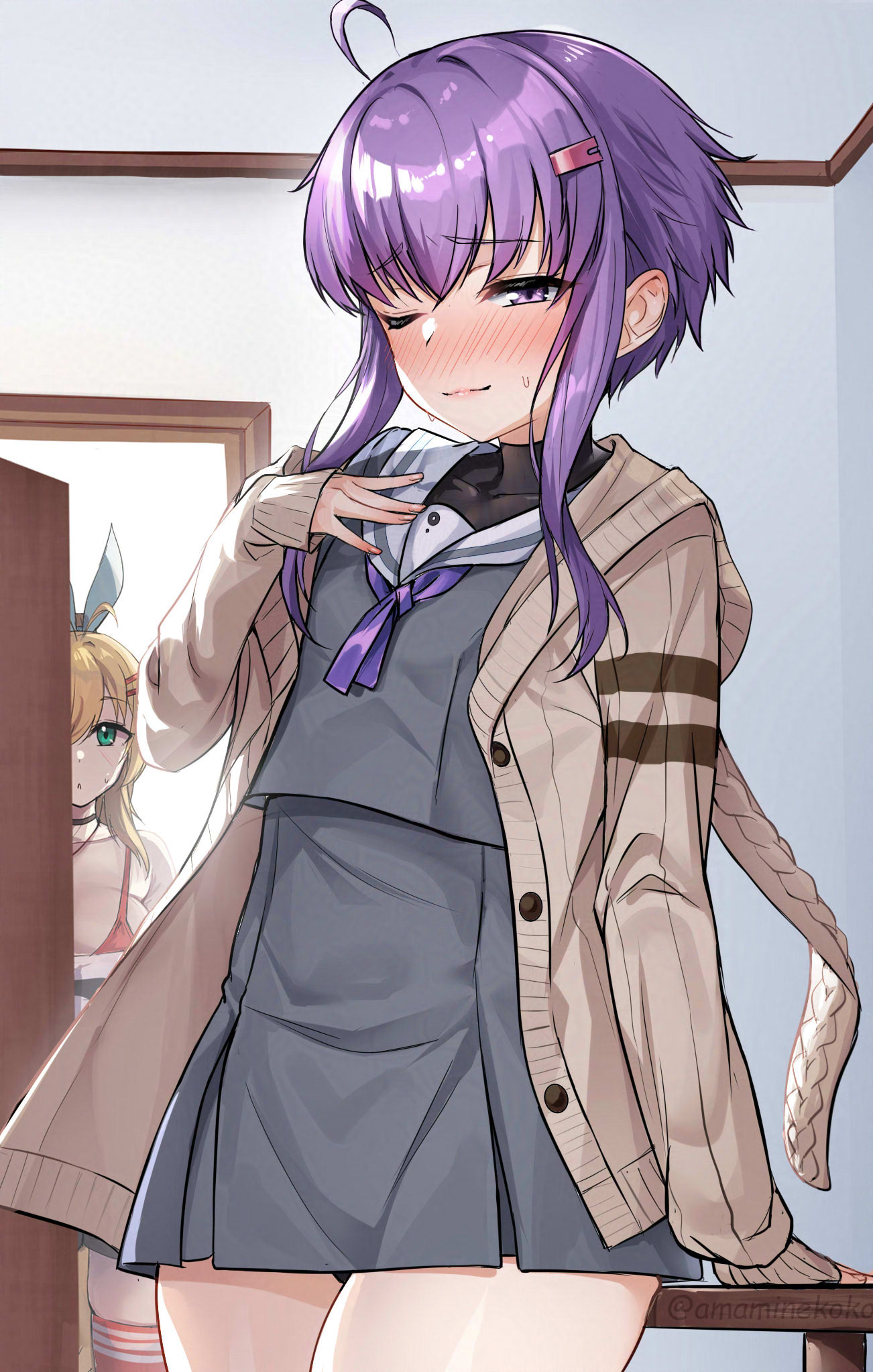tenneko yuuri, tsurumaki maki, yuzuki yukari, yuzuki yukari (shizuku), voiceroid, highres, 2girls, black shirt, blonde hair, blush, bra, cardigan, choker, embarrassed, green eyes, grey serafuku, multiple girls, nose blush, official alternate costume, purple eyes, purple hair, red bra, school uniform, serafuku, shirt, short hair with long locks, undershirt, underwear, white shirt