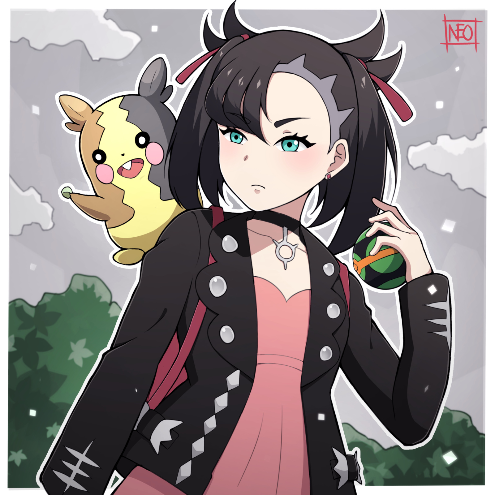 neotwenty, marnie (pokemon), morpeko, morpeko (full), nintendo, pokemon, pokemon swsh, highres, 1girl, asymmetrical bangs, backpack, bag, black choker, black hair, black jacket, border, choker, dress, dusk ball, earrings, gen 8 pokemon, holding, holding poke ball, jacket, jewelry, on shoulder, pink dress, poke ball, pokemon (creature), pokemon on shoulder, stud earrings, twintails, undercut, upper body, white border