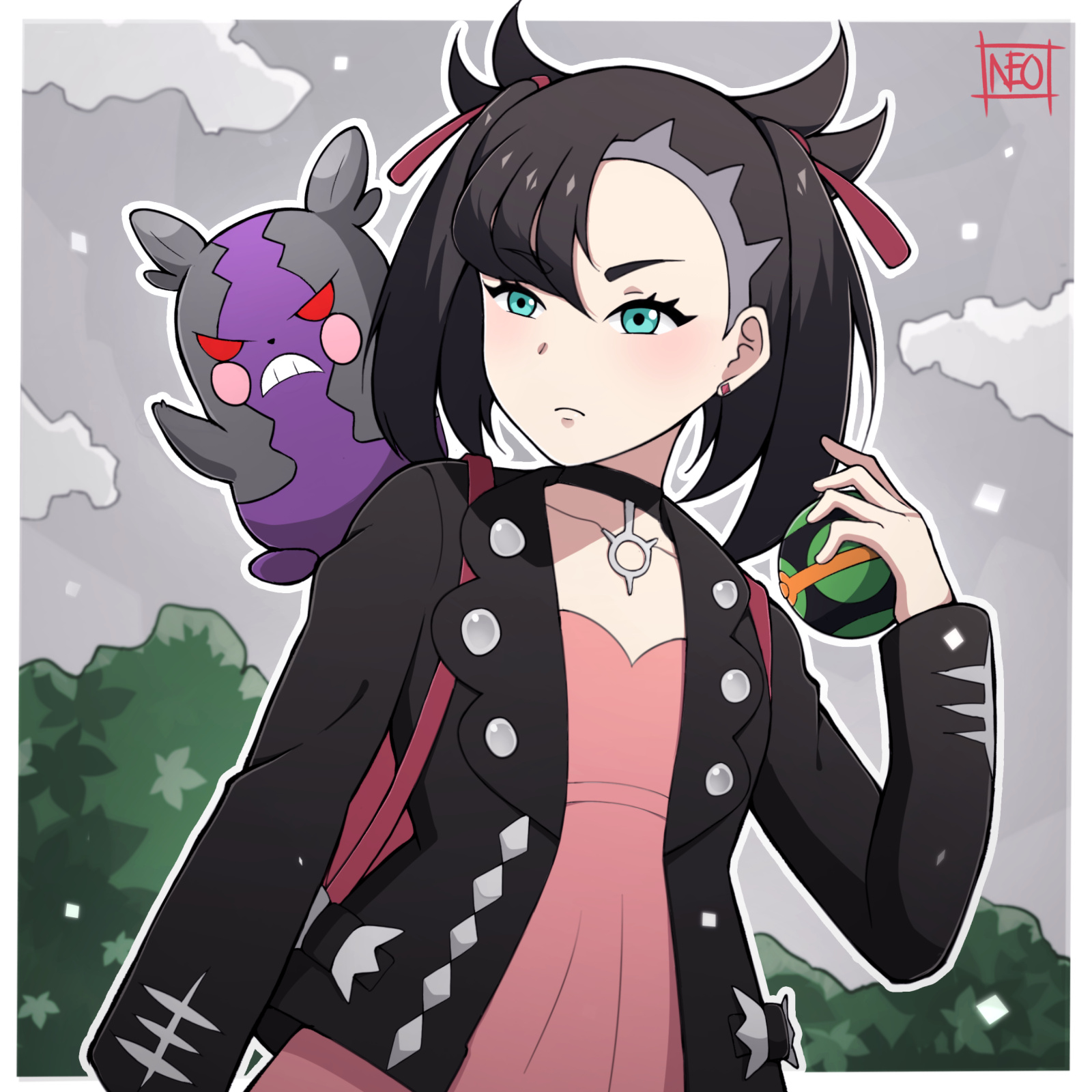 neotwenty, marnie (pokemon), morpeko, morpeko (hangry), nintendo, pokemon, pokemon swsh, highres, 1girl, asymmetrical bangs, backpack, bag, black choker, black hair, black jacket, border, choker, dress, dusk ball, earrings, gen 8 pokemon, holding, holding poke ball, jacket, jewelry, on shoulder, pink dress, poke ball, pokemon (creature), pokemon on shoulder, stud earrings, twintails, undercut, upper body, white border