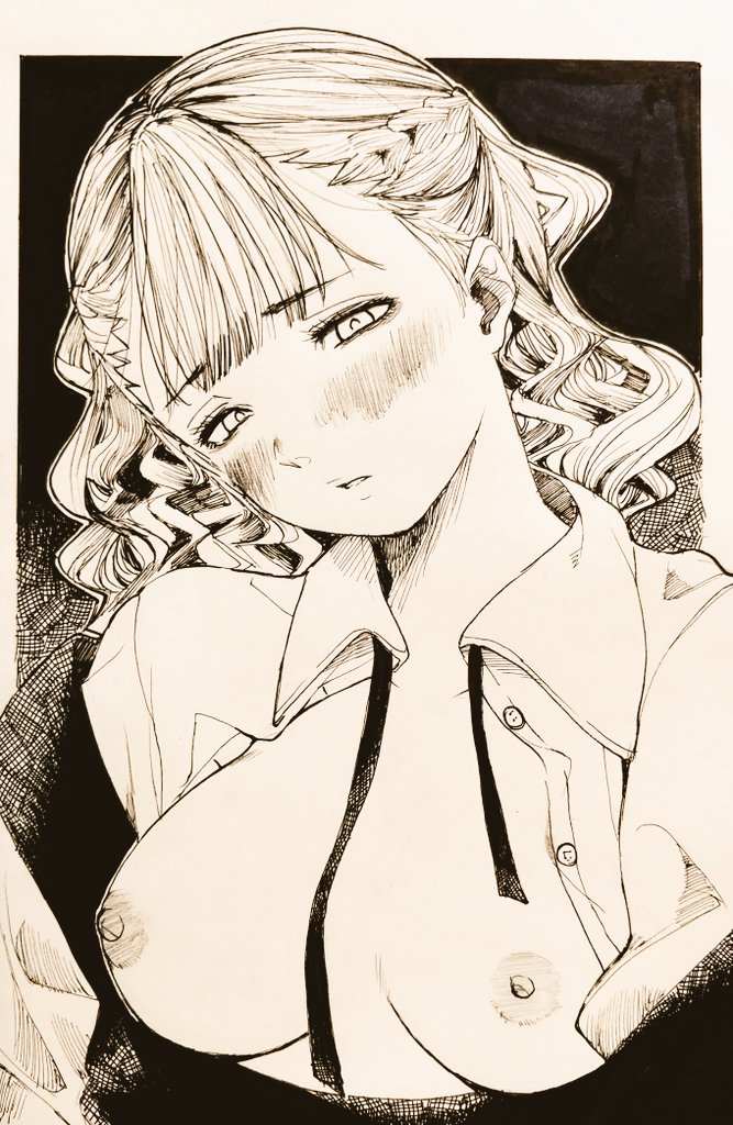 misaki toji, original, 1girl, black background, blunt bangs, blush, braid, breasts, drill hair, looking at viewer, medium breasts, monochrome, partially undressed, shirt, twin braids, wavy hair